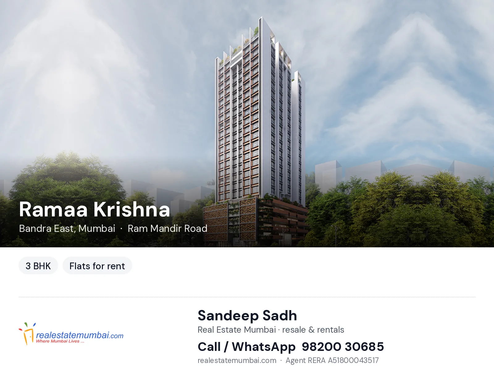 Ramaa Krishna, Bandra East, Mumbai — 3 BHK flats for rent | Real Estate Mumbai, Sandeep Sadh 98200 30685