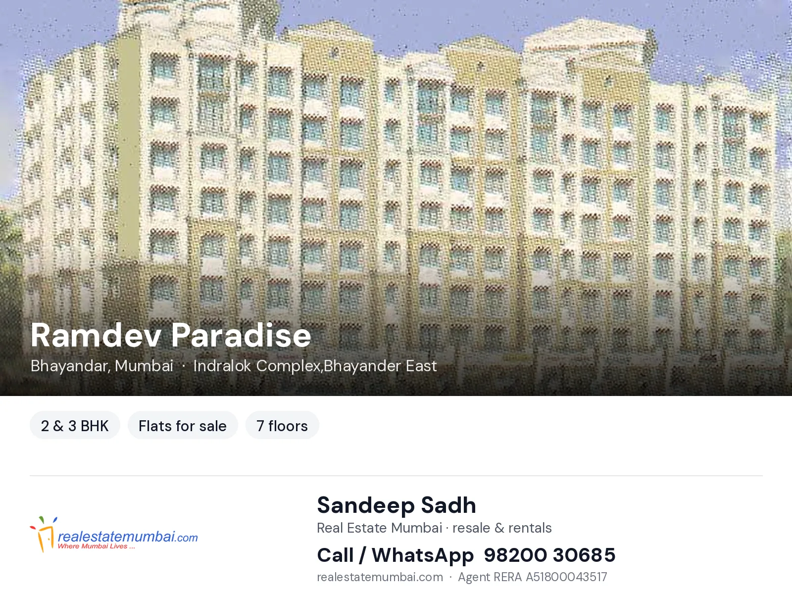 Ramdev Paradise, Bhayandar, Mumbai — 2 & 3 BHK flats for sale | Real Estate Mumbai, Sandeep Sadh 98200 30685