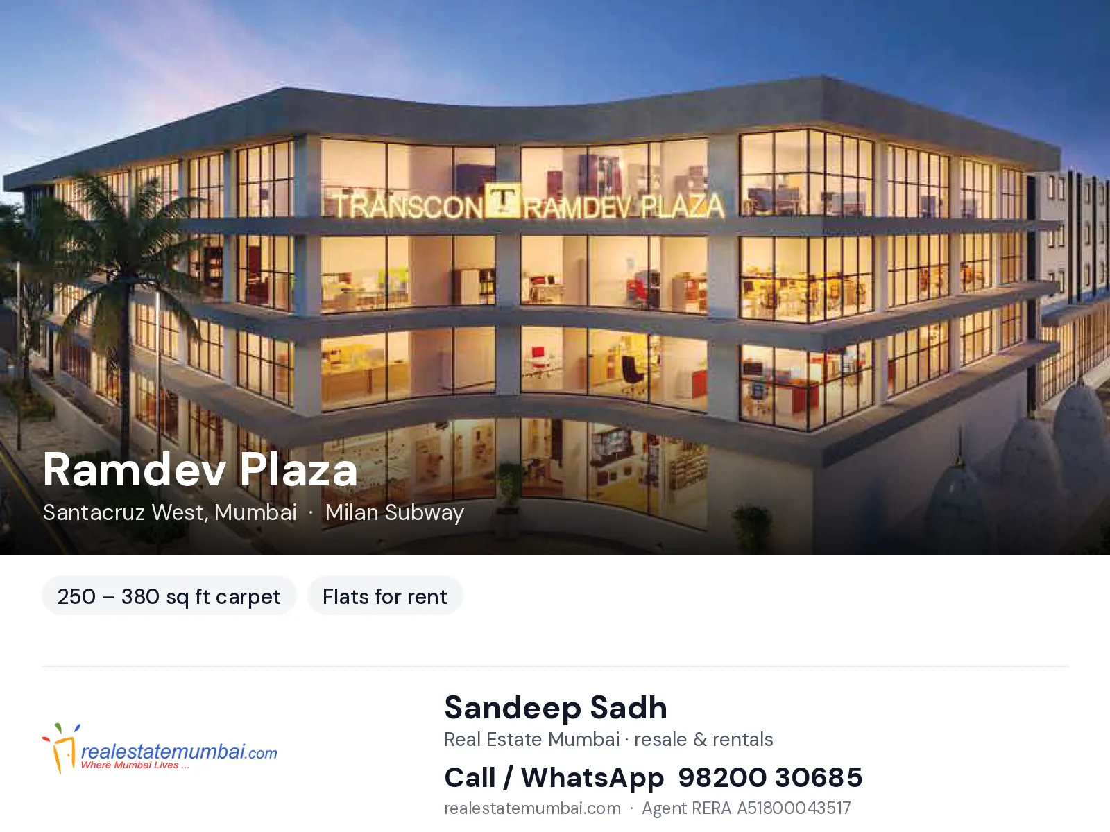 Ramdev Plaza, Santacruz West, Mumbai — flats for rent | Real Estate Mumbai, Sandeep Sadh 98200 30685