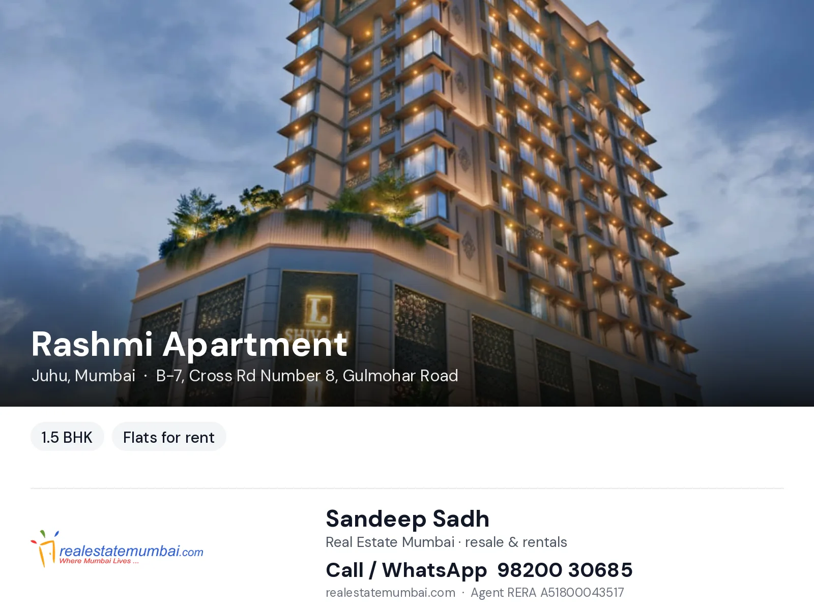 Rashmi Apartment, Juhu, Mumbai — 1.5 BHK flats for rent | Real Estate Mumbai, Sandeep Sadh 98200 30685