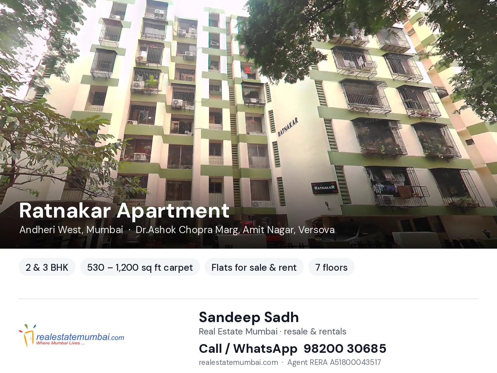 Ratnakar Apartment, Andheri West, Mumbai — 2 & 3 BHK flats for sale & rent | Real Estate Mumbai, Sandeep Sadh 98200 30685
