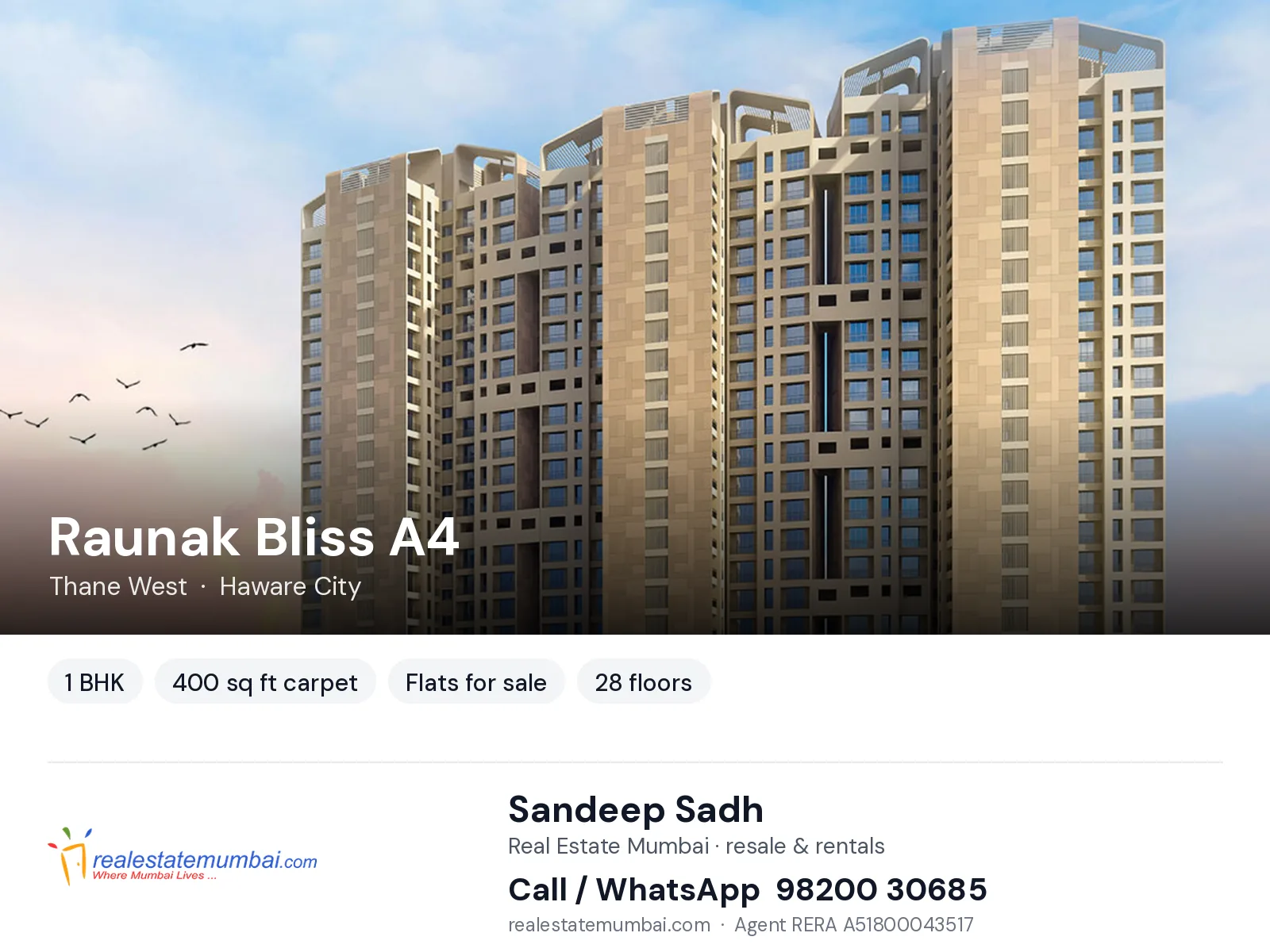 Raunak Bliss A4, Thane West — 1 BHK flats for sale | Real Estate Mumbai, Sandeep Sadh 98200 30685