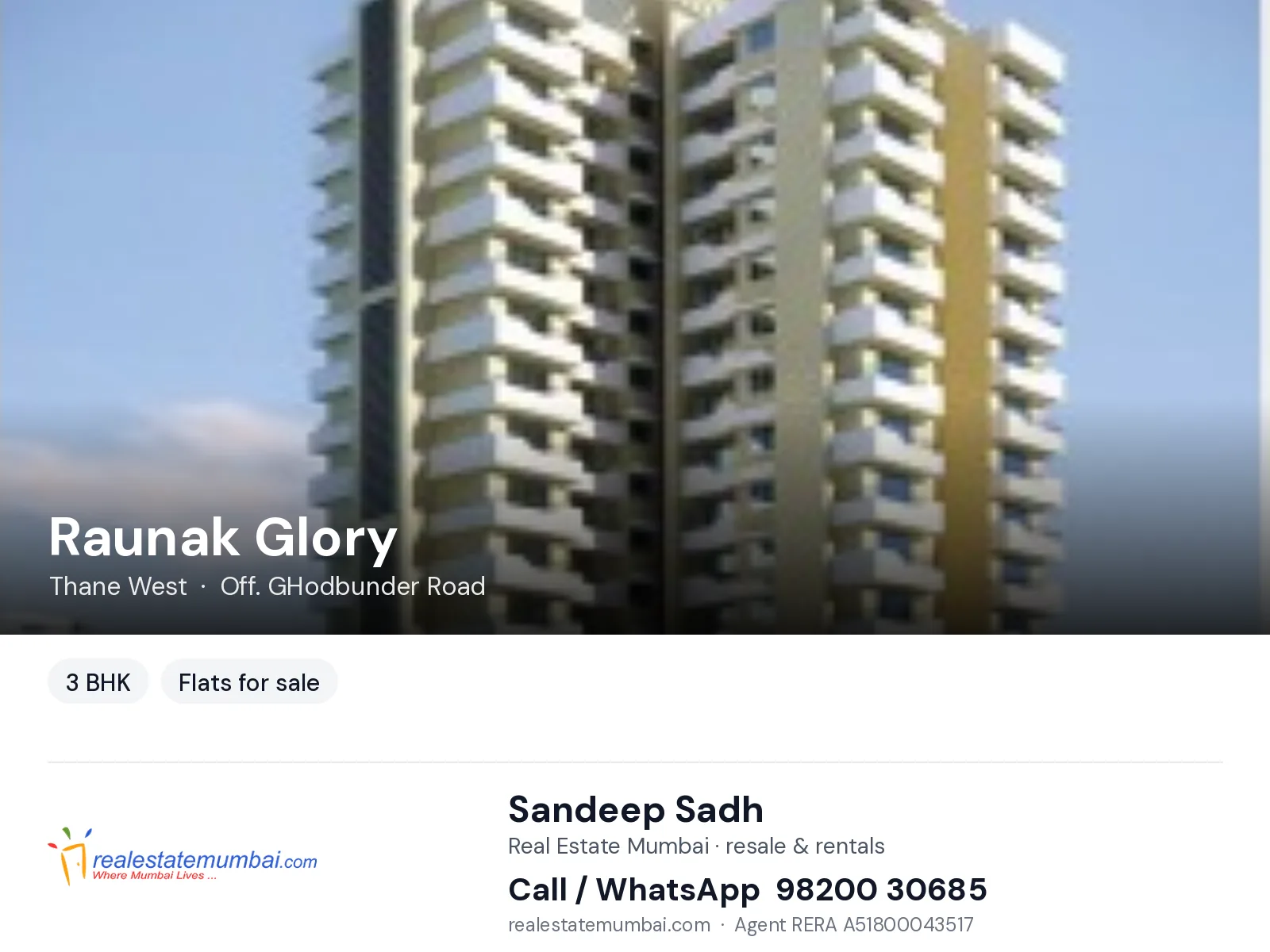 Raunak Glory, Thane West — 3 BHK flats for sale | Real Estate Mumbai, Sandeep Sadh 98200 30685