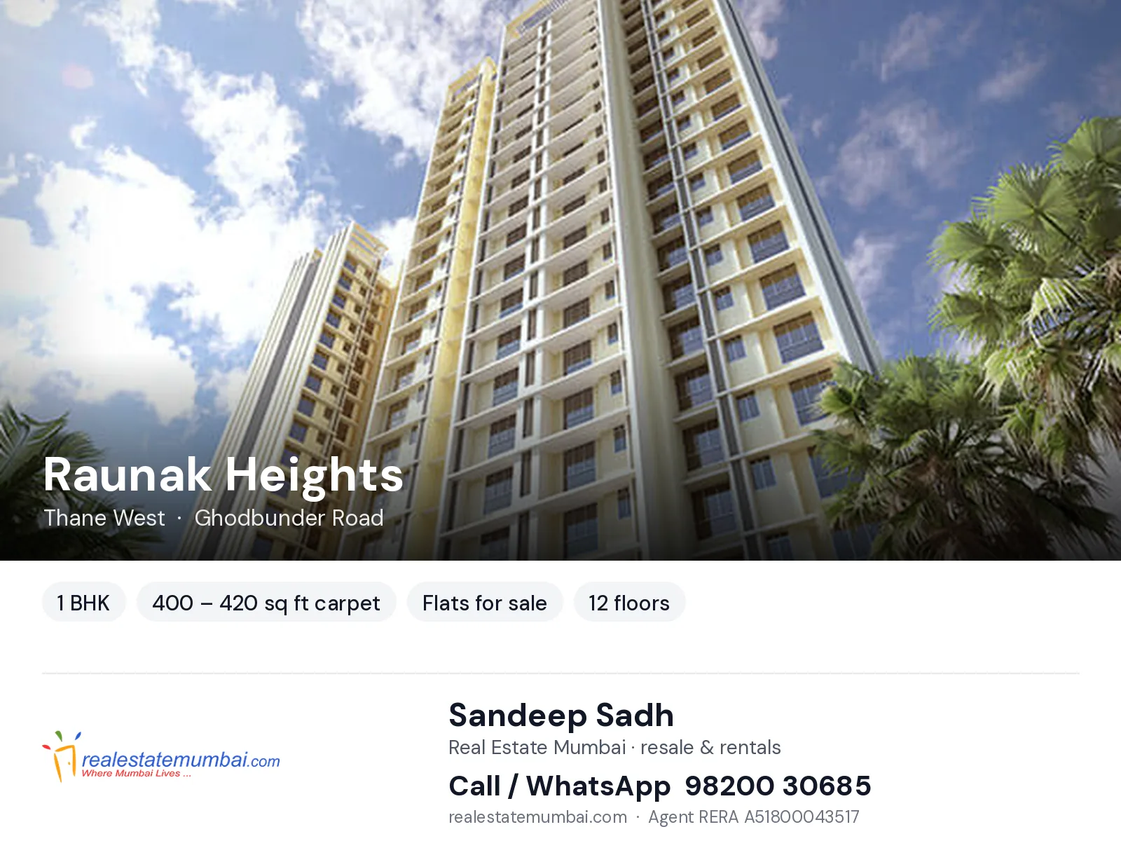 Raunak Heights, Thane West — 1 BHK flats for sale | Real Estate Mumbai, Sandeep Sadh 98200 30685