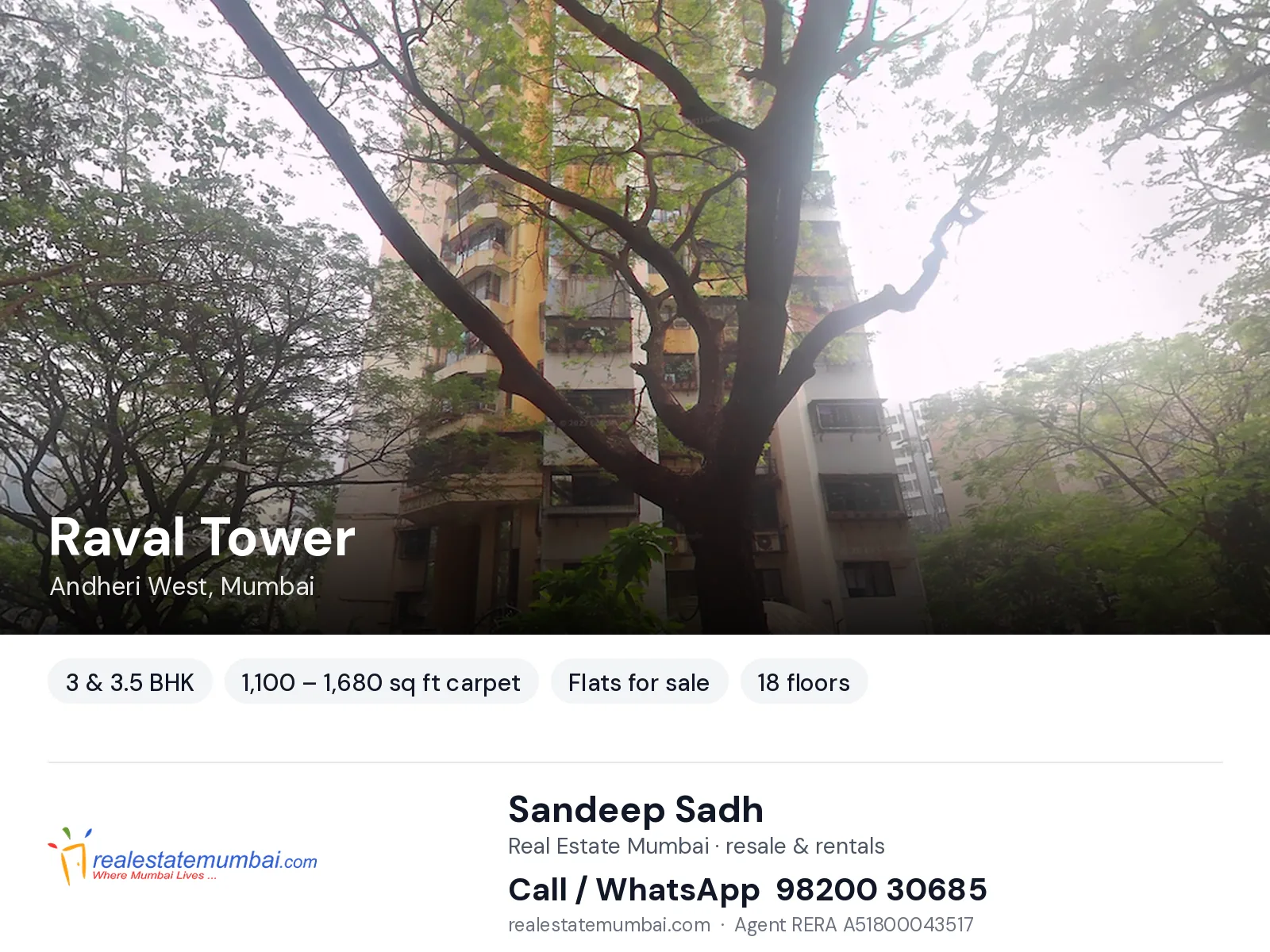 Raval Tower, Andheri West, Mumbai — 3 & 3.5 BHK flats for sale | Real Estate Mumbai, Sandeep Sadh 98200 30685