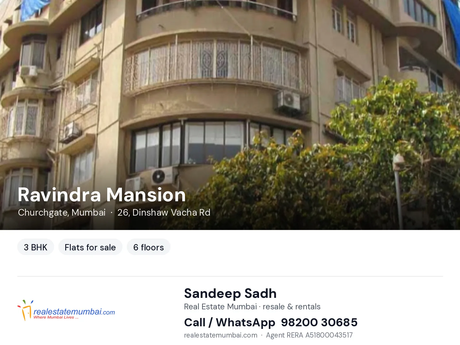 Ravindra Mansion, Churchgate, Mumbai — 3 BHK flats for sale | Real Estate Mumbai, Sandeep Sadh 98200 30685