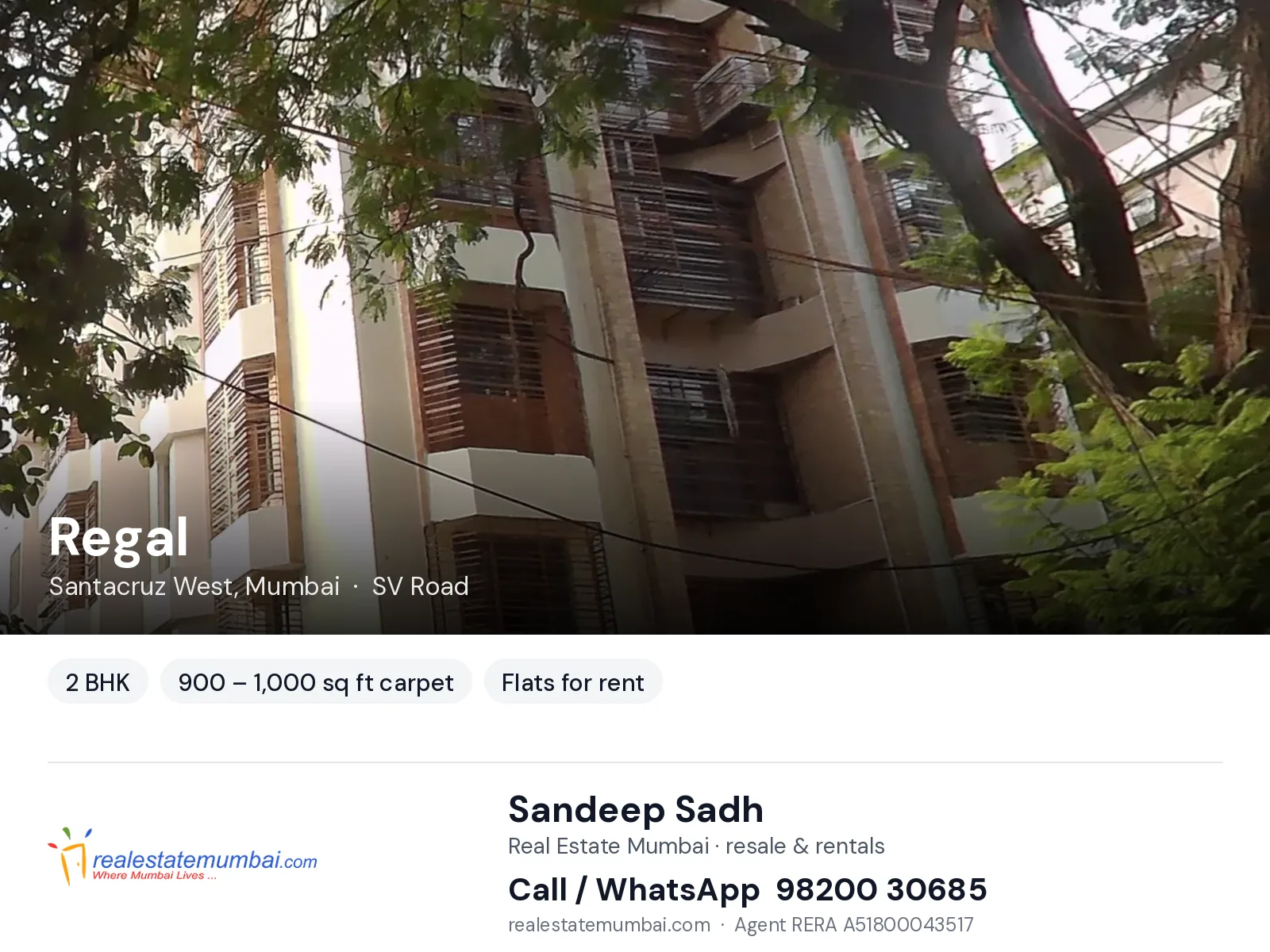 Regal, Santacruz West, Mumbai — 2 BHK flats for rent | Real Estate Mumbai, Sandeep Sadh 98200 30685