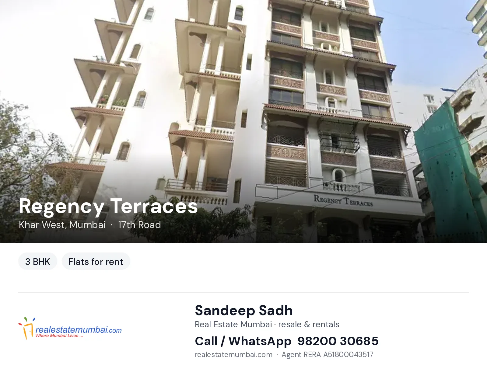 Regency Terraces, Khar West, Mumbai — 3 BHK flats for rent | Real Estate Mumbai, Sandeep Sadh 98200 30685