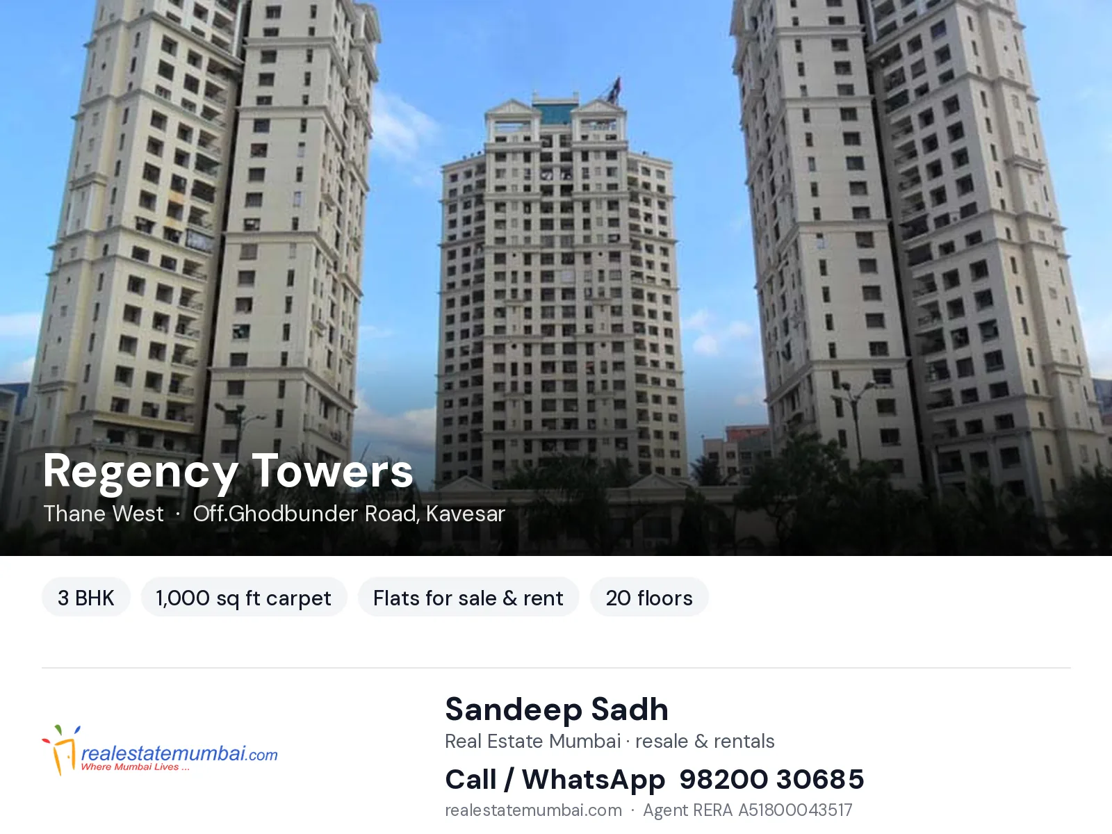 Regency Towers, Thane West — 3 BHK flats for sale & rent | Real Estate Mumbai, Sandeep Sadh 98200 30685
