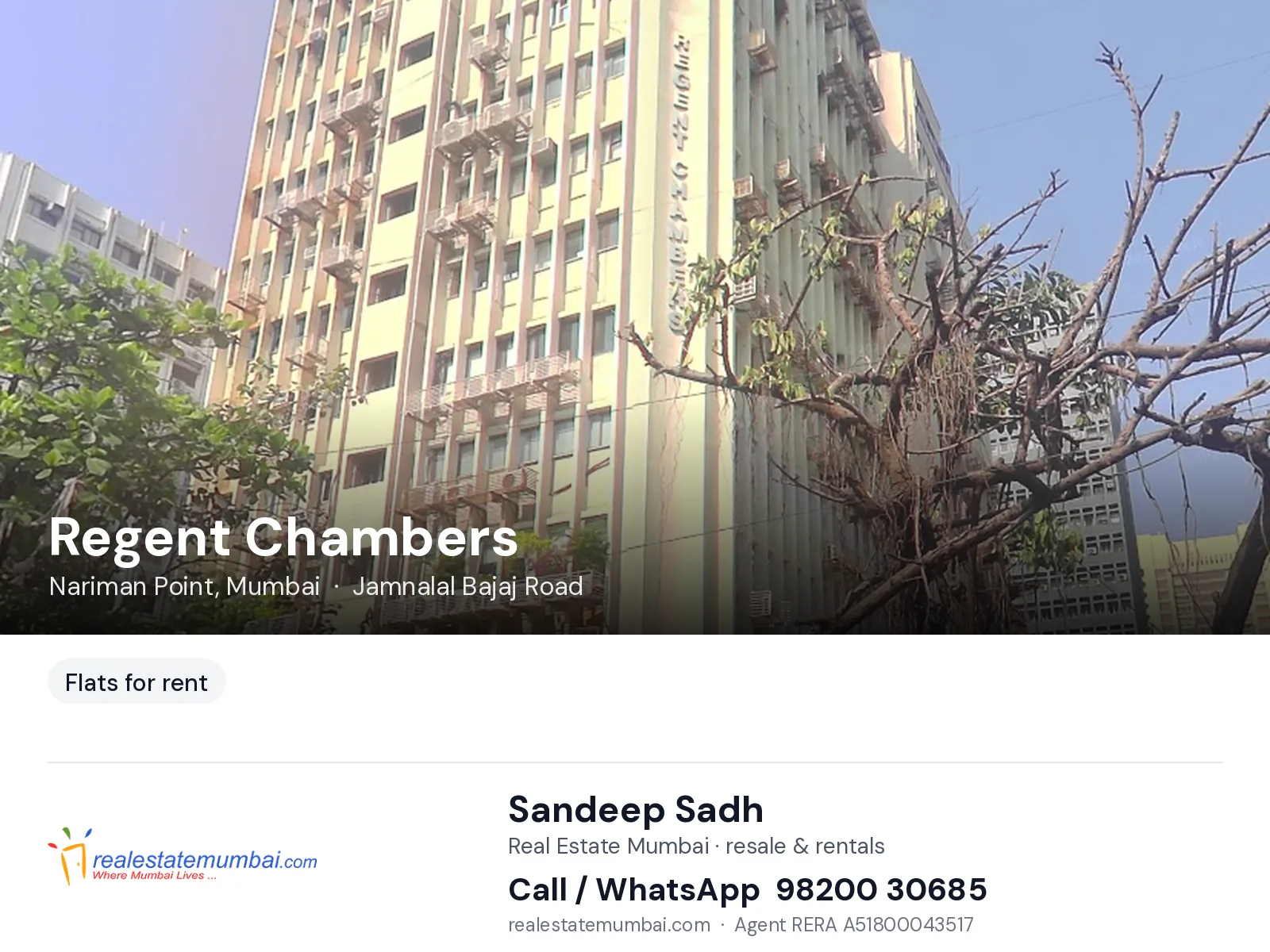 Regent Chambers, Nariman Point, Mumbai — flats for rent | Real Estate Mumbai, Sandeep Sadh 98200 30685