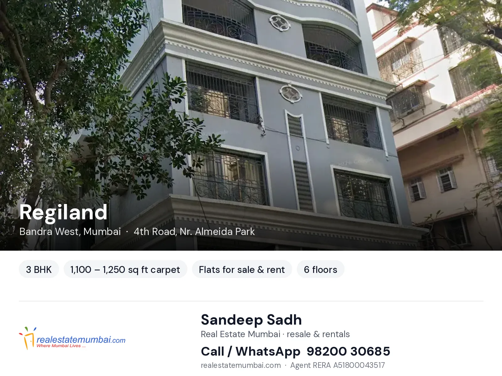 Regiland, Bandra West, Mumbai — 3 BHK flats for sale & rent | Real Estate Mumbai, Sandeep Sadh 98200 30685