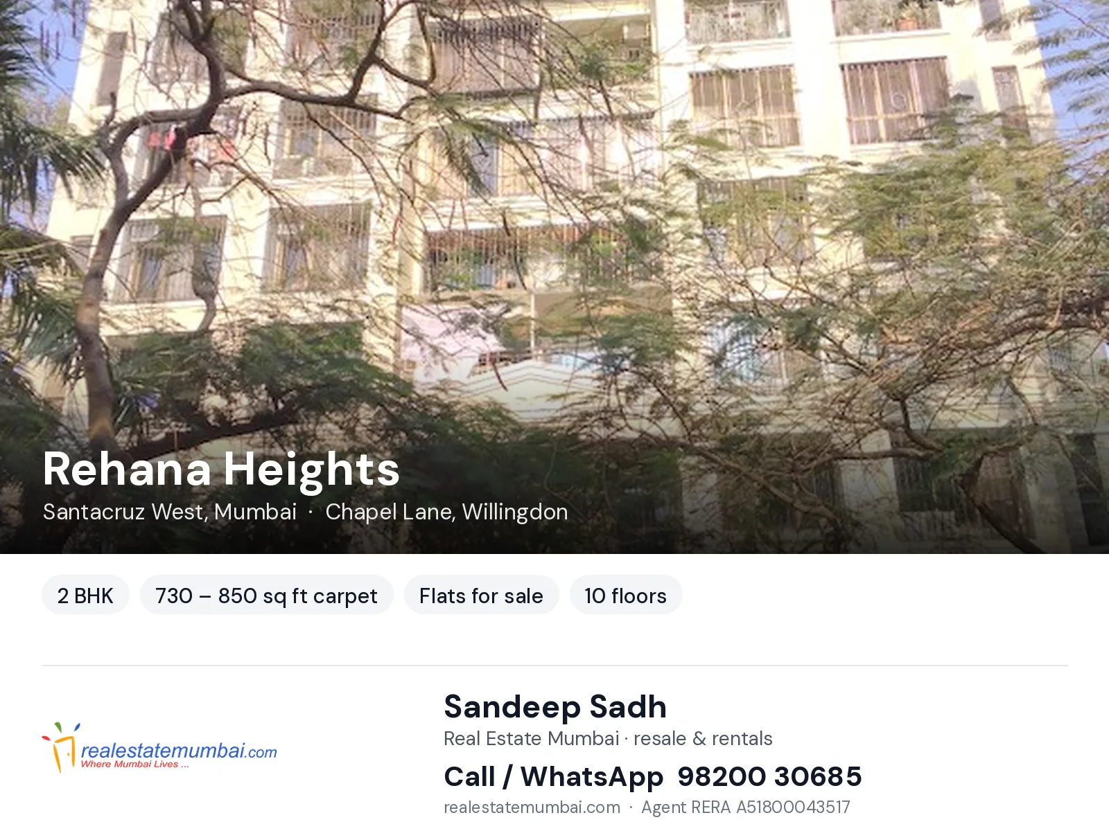 Rehana Heights, Santacruz West, Mumbai — 2 BHK flats for sale | Real Estate Mumbai, Sandeep Sadh 98200 30685