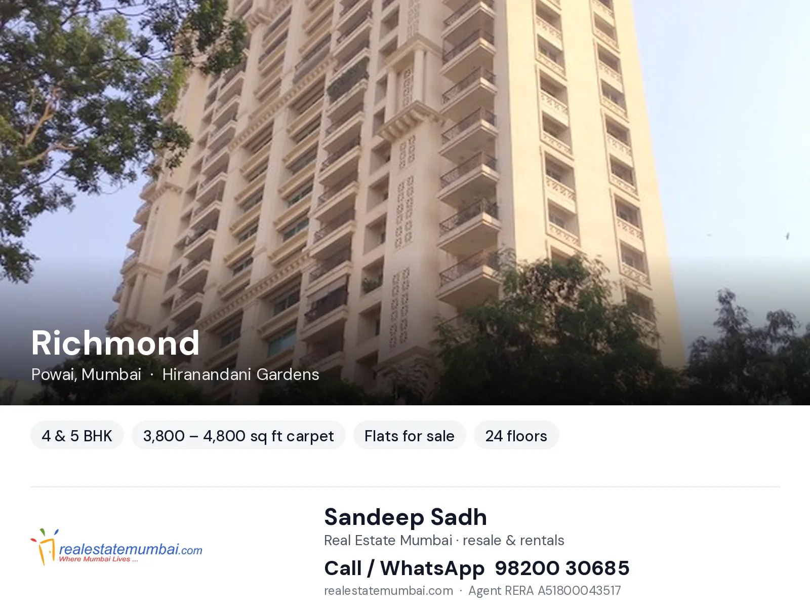 Richmond, Powai, Mumbai — 4 & 5 BHK flats for sale | Real Estate Mumbai, Sandeep Sadh 98200 30685