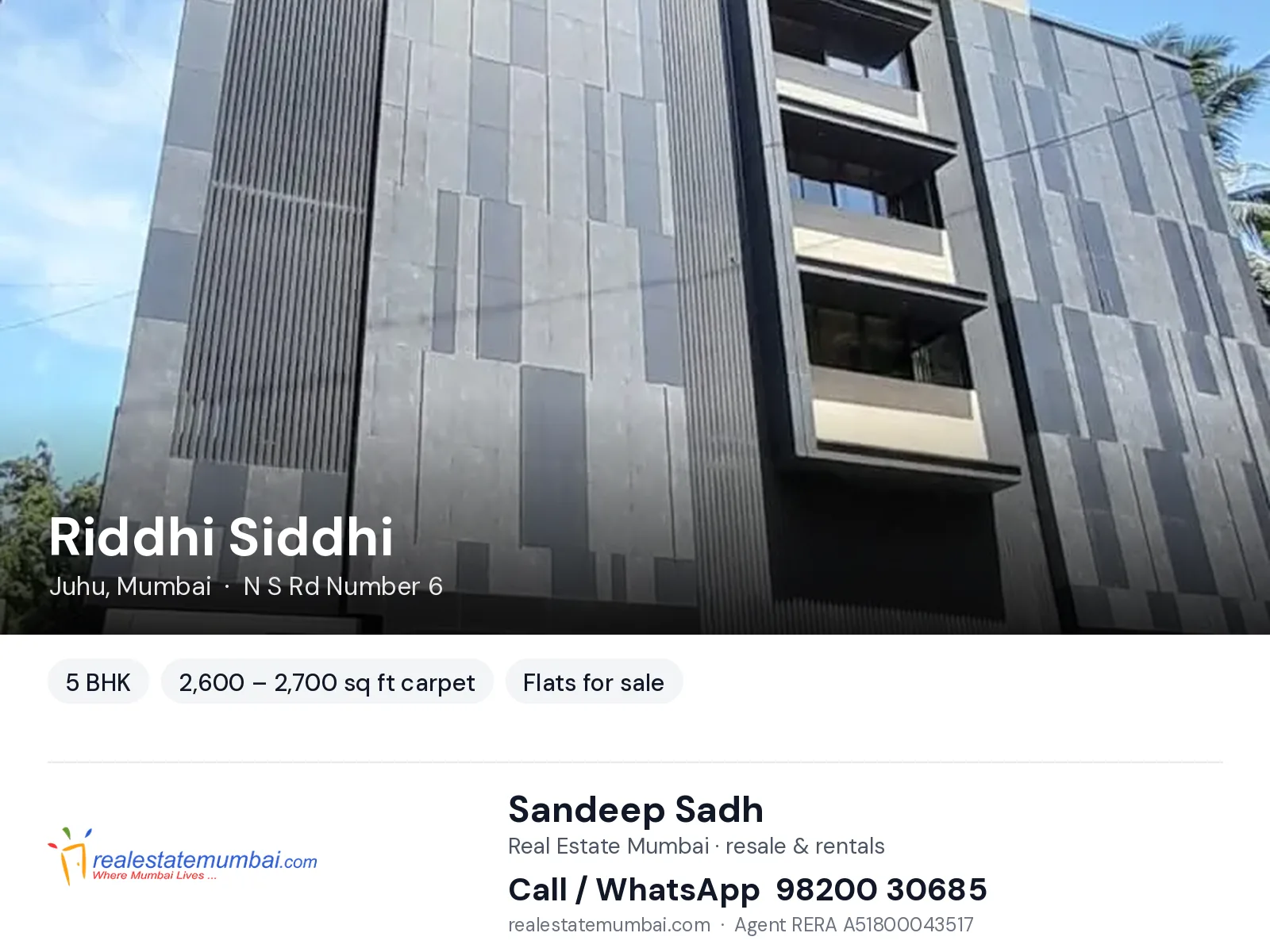 Riddhi Siddhi, Juhu, Mumbai — 5 BHK flats for sale | Real Estate Mumbai, Sandeep Sadh 98200 30685
