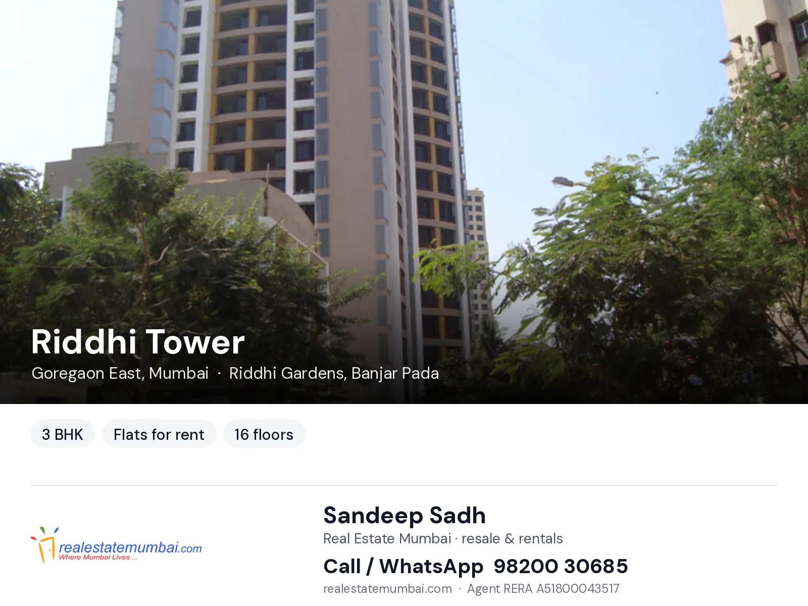 Riddhi Tower, Goregaon East, Mumbai — 3 BHK flats for rent | Real Estate Mumbai, Sandeep Sadh 98200 30685