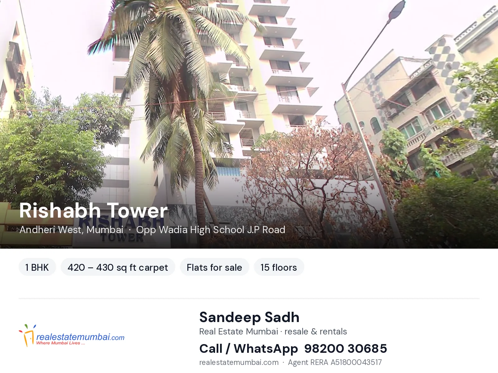 Rishabh Tower, Andheri West, Mumbai — 1 BHK flats for sale | Real Estate Mumbai, Sandeep Sadh 98200 30685