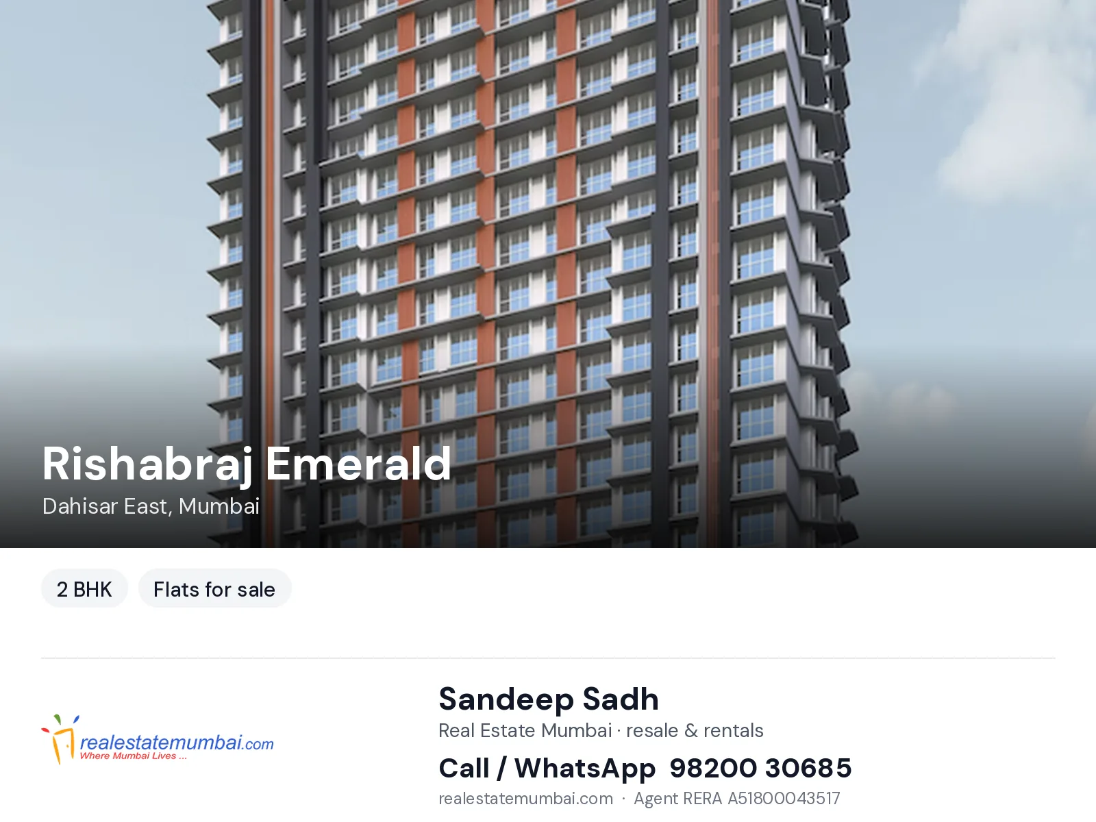 Rishabraj Emerald, Dahisar East, Mumbai — 2 BHK flats for sale | Real Estate Mumbai, Sandeep Sadh 98200 30685