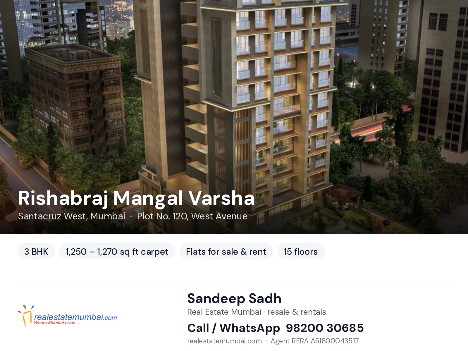 Rishabraj Mangal Varsha, Santacruz West, Mumbai — 3 BHK flats for sale & rent | Real Estate Mumbai, Sandeep Sadh 98200 30685