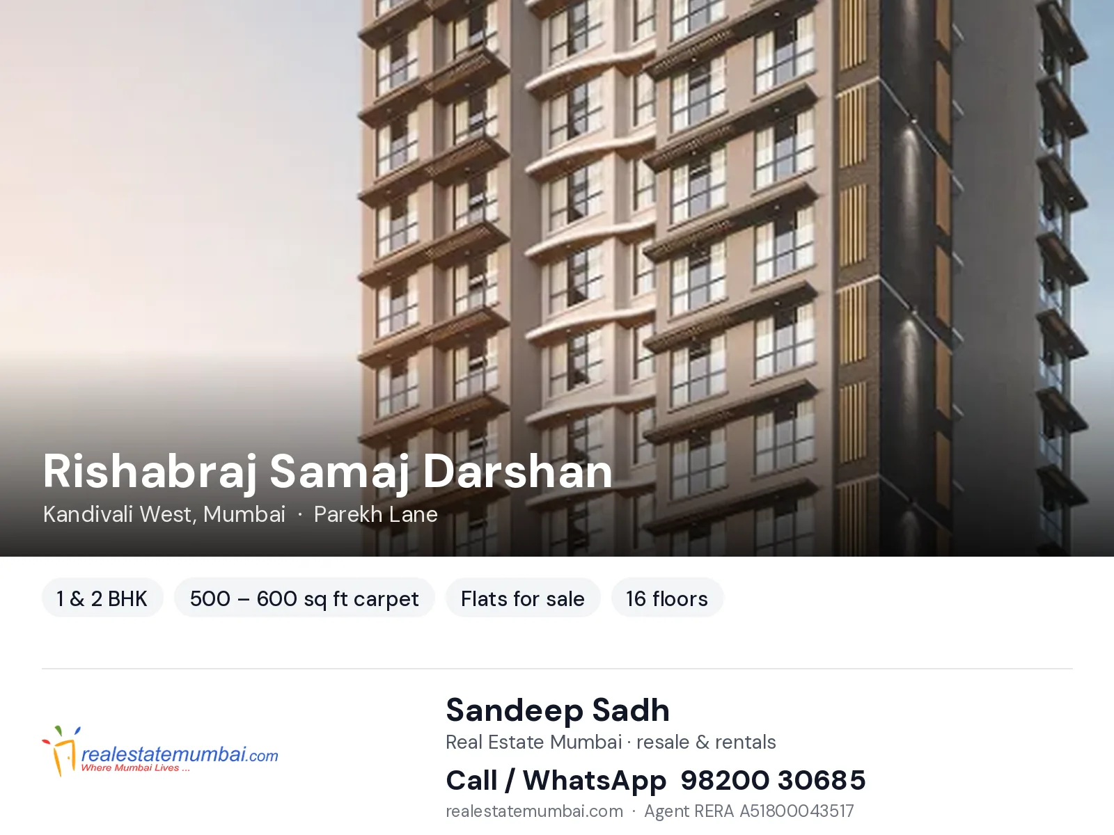 Rishabraj Samaj Darshan, Kandivali West, Mumbai — 1 & 2 BHK flats for sale | Real Estate Mumbai, Sandeep Sadh 98200 30685