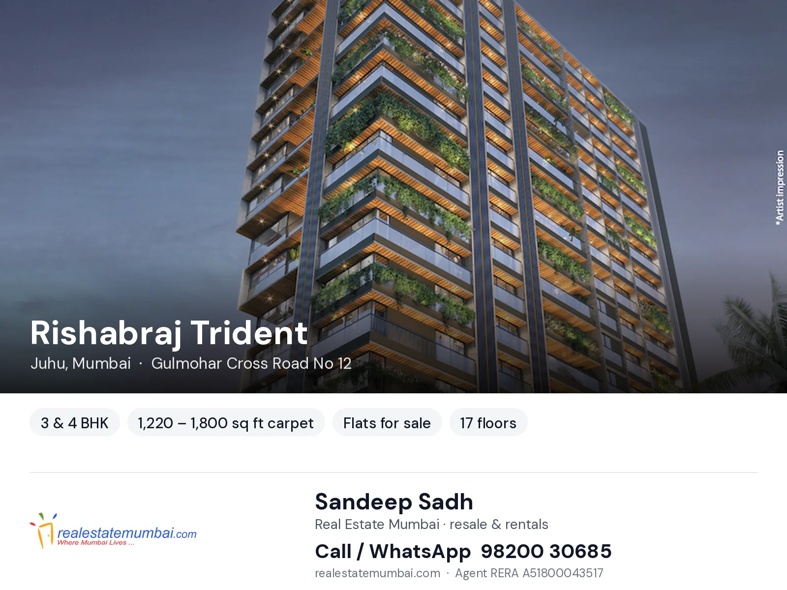 Rishabraj Trident, Juhu, Mumbai — 3 & 4 BHK flats for sale | Real Estate Mumbai, Sandeep Sadh 98200 30685