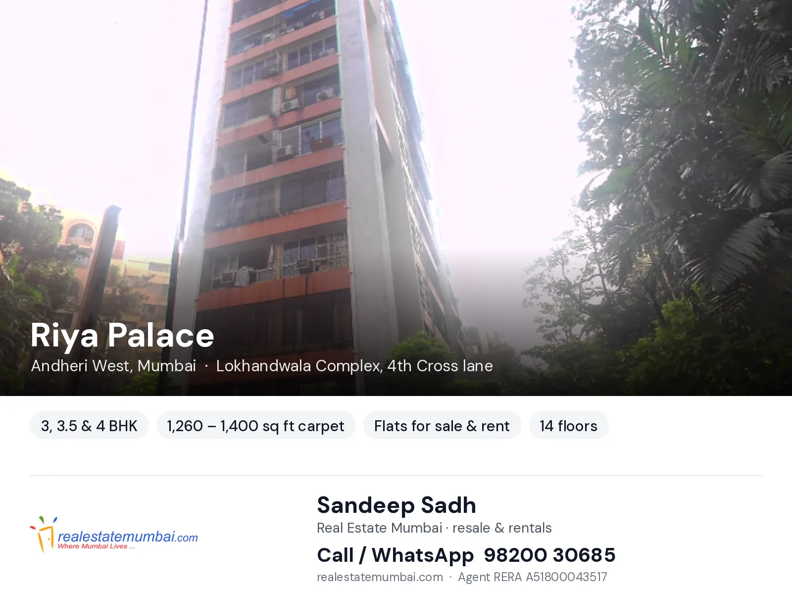 Riya Palace, Andheri West, Mumbai — 3, 3.5 & 4 BHK flats for sale & rent | Real Estate Mumbai, Sandeep Sadh 98200 30685