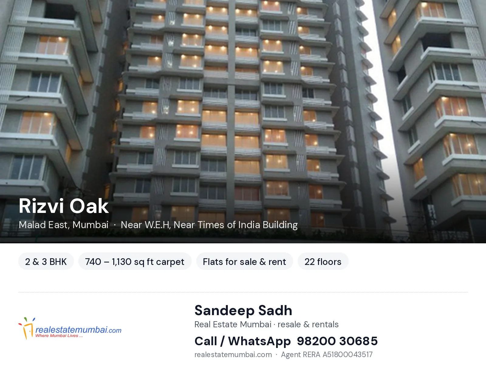 Rizvi Oak, Malad East, Mumbai — 2 & 3 BHK flats for sale & rent | Real Estate Mumbai, Sandeep Sadh 98200 30685
