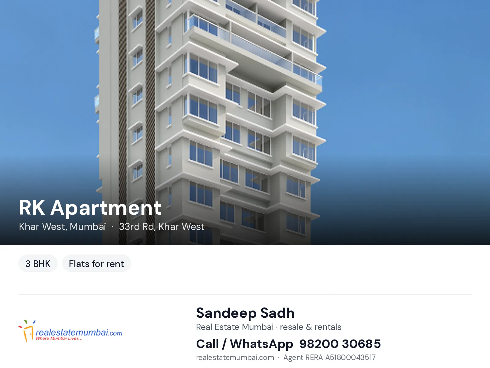 RK Apartment, Khar West, Mumbai — 3 BHK flats for rent | Real Estate Mumbai, Sandeep Sadh 98200 30685