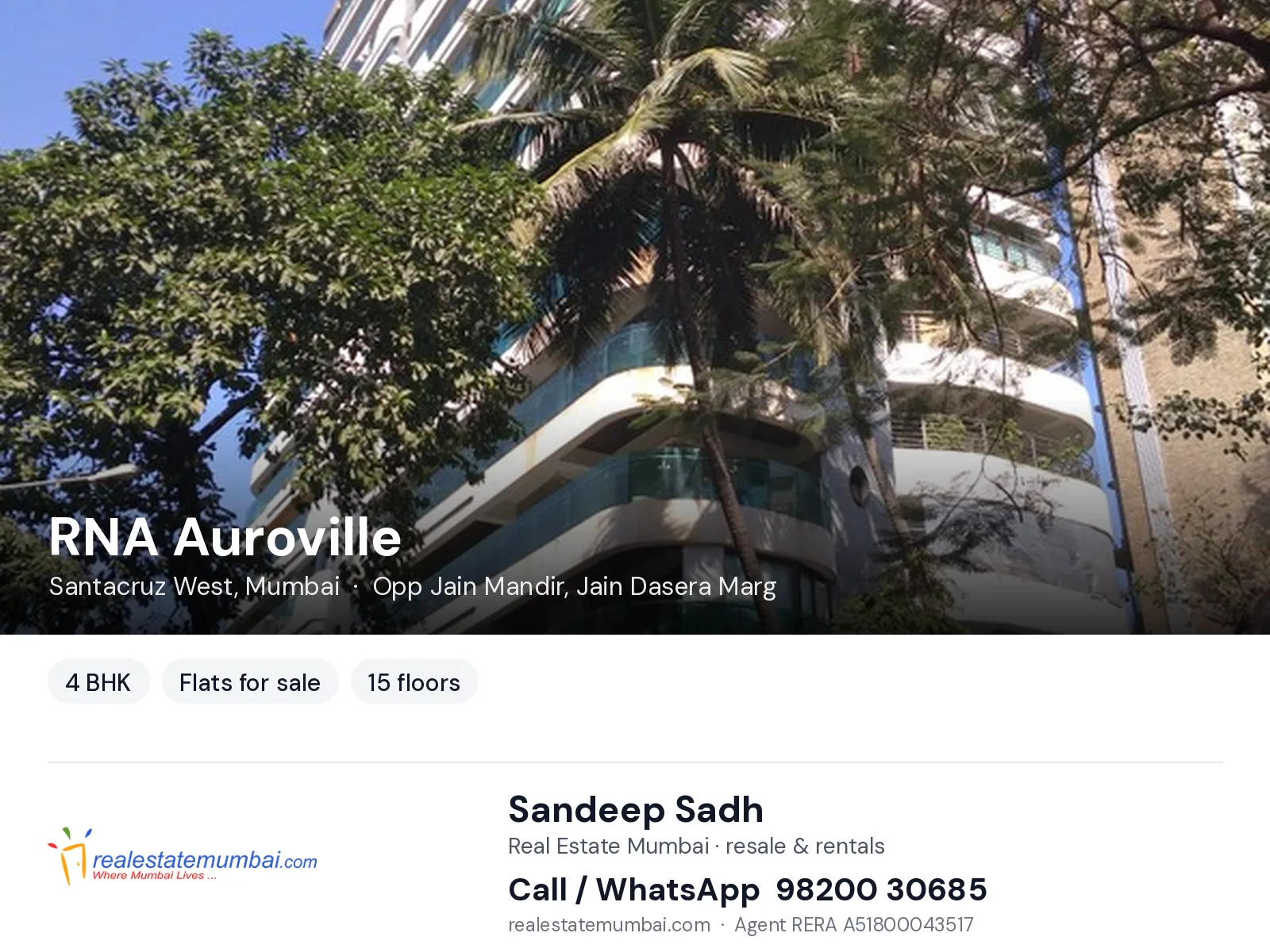 RNA Auroville, Santacruz West, Mumbai — 4 BHK flats for sale | Real Estate Mumbai, Sandeep Sadh 98200 30685