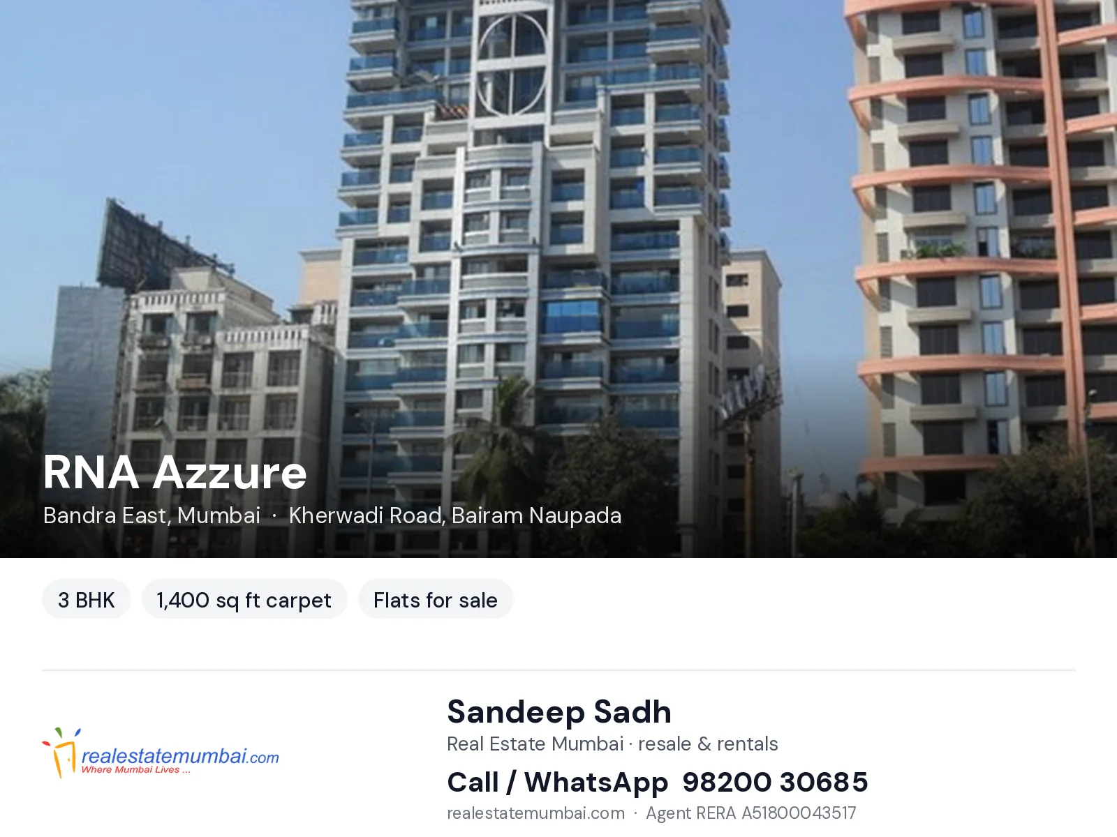 RNA Azzure, Bandra East, Mumbai — 3 BHK flats for sale | Real Estate Mumbai, Sandeep Sadh 98200 30685