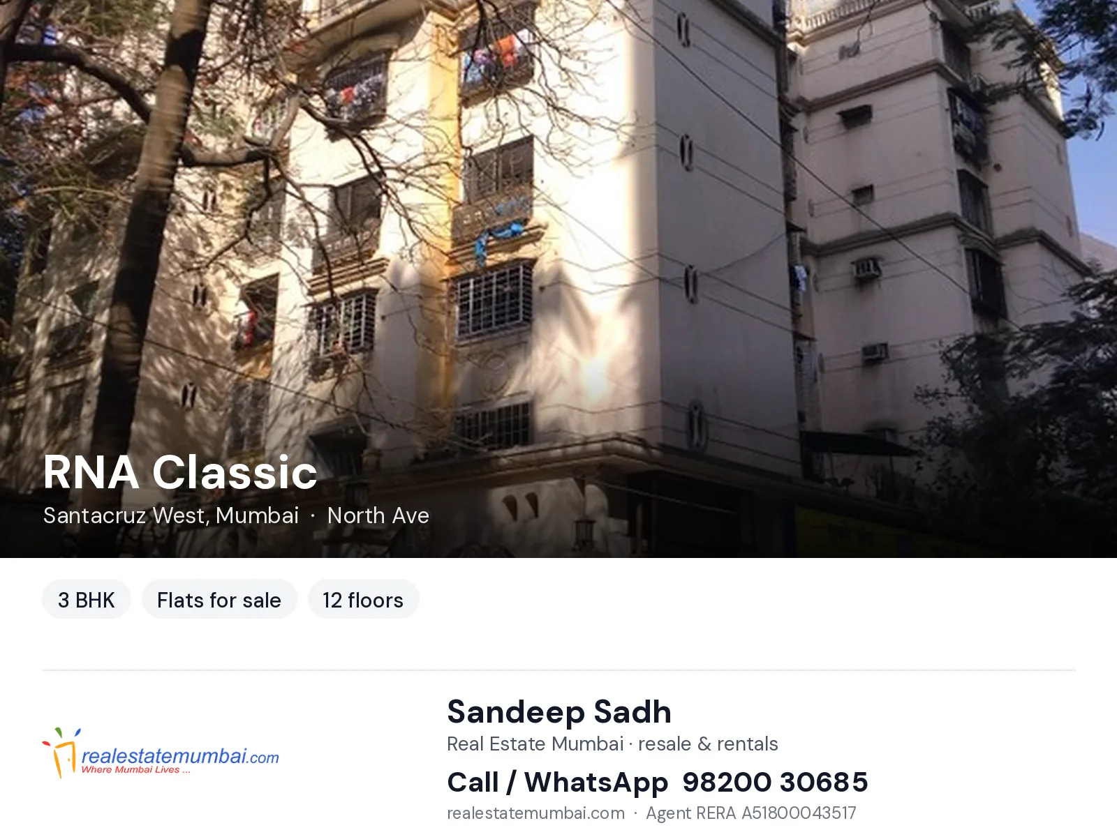 RNA Classic, Santacruz West, Mumbai — 3 BHK flats for sale | Real Estate Mumbai, Sandeep Sadh 98200 30685