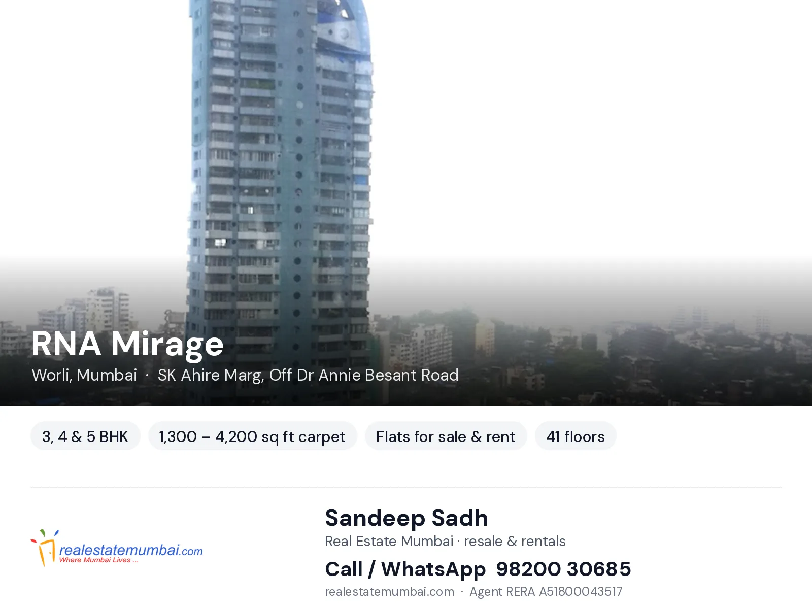 RNA Mirage, Worli, Mumbai — 3, 4 & 5 BHK flats for sale & rent | Real Estate Mumbai, Sandeep Sadh 98200 30685