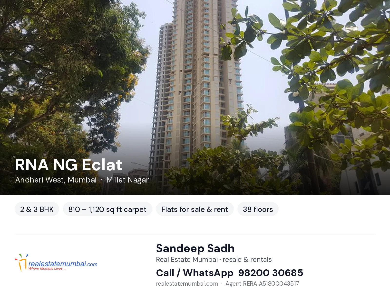 RNA NG Eclat, Andheri West, Mumbai — 2 & 3 BHK flats for sale & rent | Real Estate Mumbai, Sandeep Sadh 98200 30685