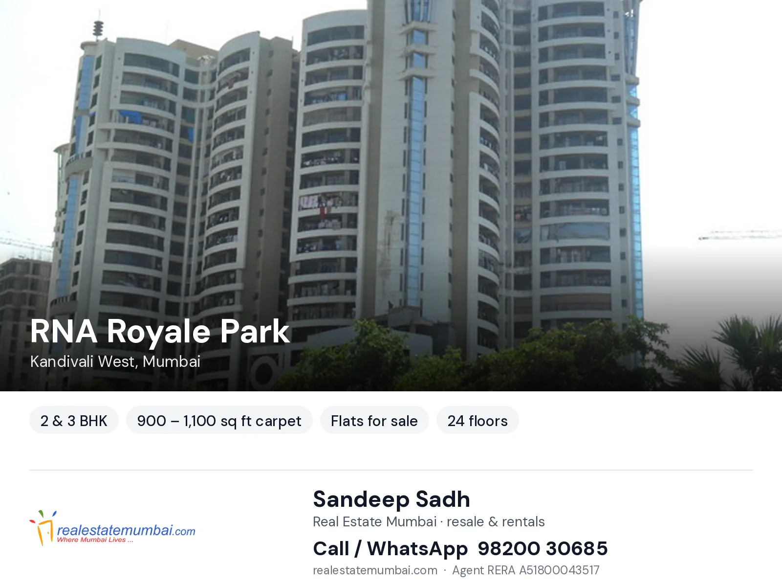RNA Royale Park, Kandivali West, Mumbai — 2 & 3 BHK flats for sale | Real Estate Mumbai, Sandeep Sadh 98200 30685