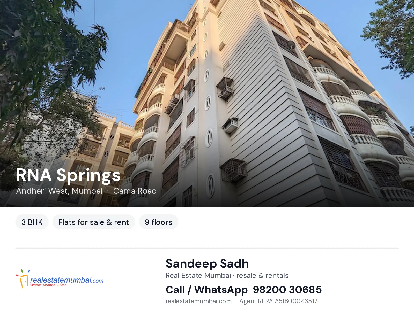 RNA Springs, Andheri West, Mumbai — 3 BHK flats for sale & rent | Real Estate Mumbai, Sandeep Sadh 98200 30685