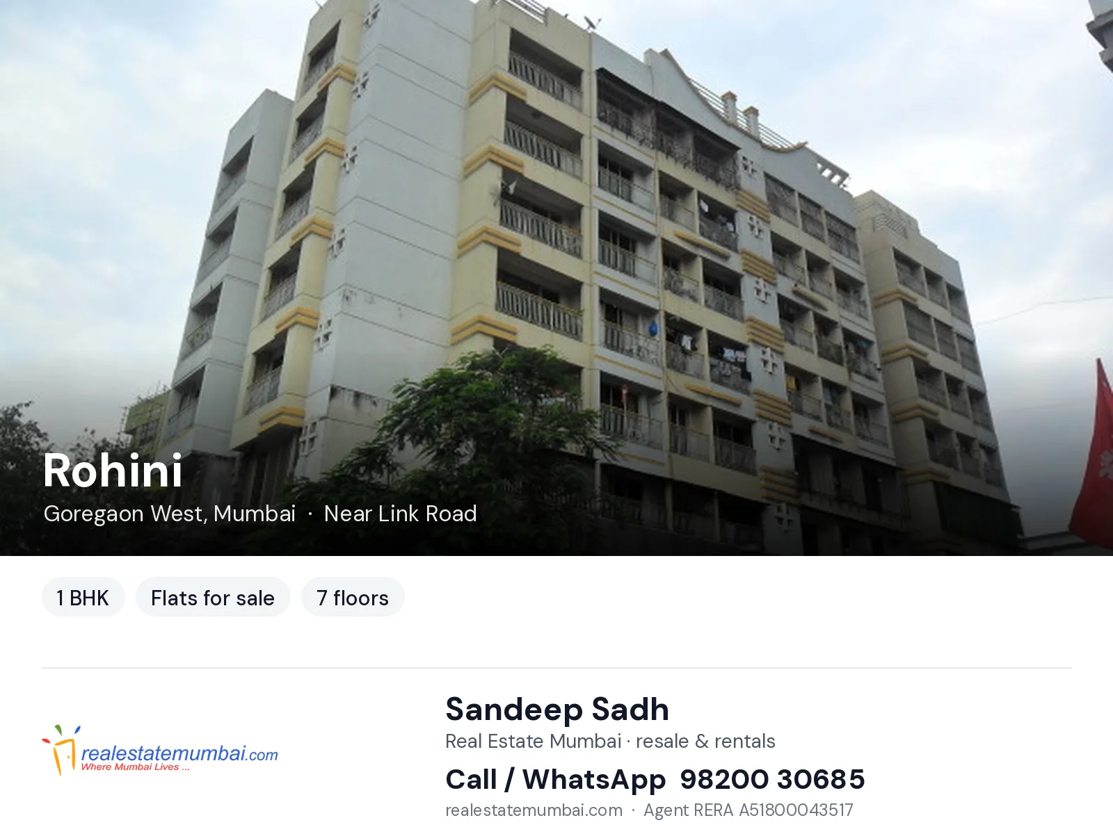 Rohini, Goregaon West, Mumbai — 1 BHK flats for sale | Real Estate Mumbai, Sandeep Sadh 98200 30685