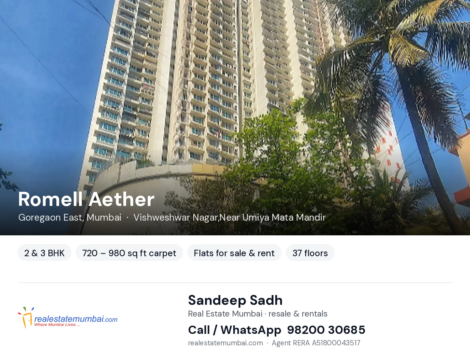 Romell Aether, Goregaon East, Mumbai — 2 & 3 BHK flats for sale & rent | Real Estate Mumbai, Sandeep Sadh 98200 30685