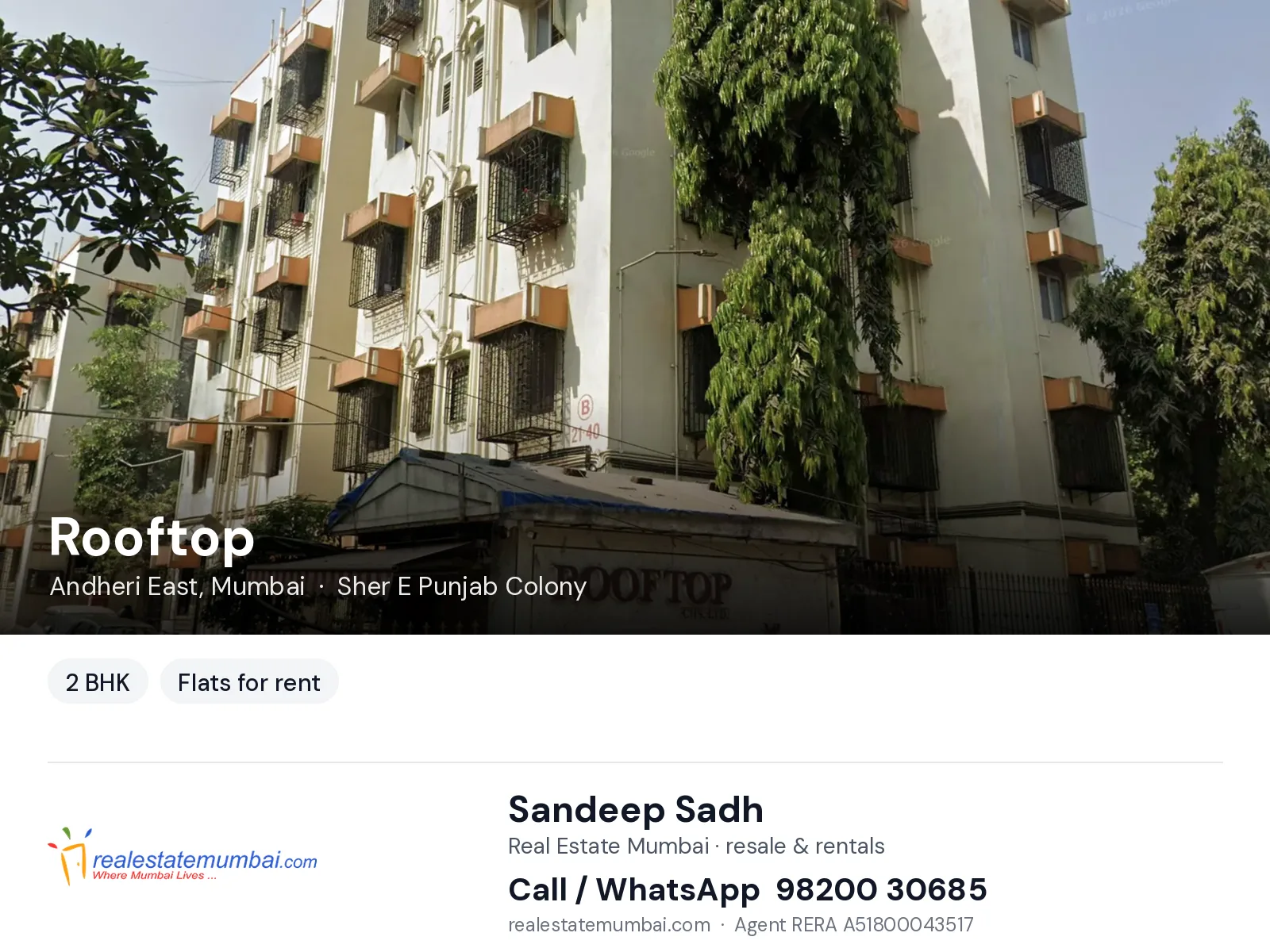 Rooftop, Andheri East, Mumbai — 2 BHK flats for rent | Real Estate Mumbai, Sandeep Sadh 98200 30685