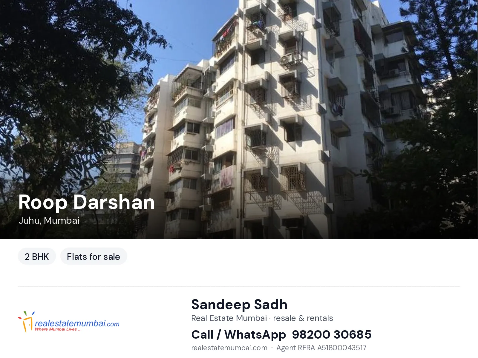 Roop Darshan, Juhu, Mumbai — 2 BHK flats for sale | Real Estate Mumbai, Sandeep Sadh 98200 30685