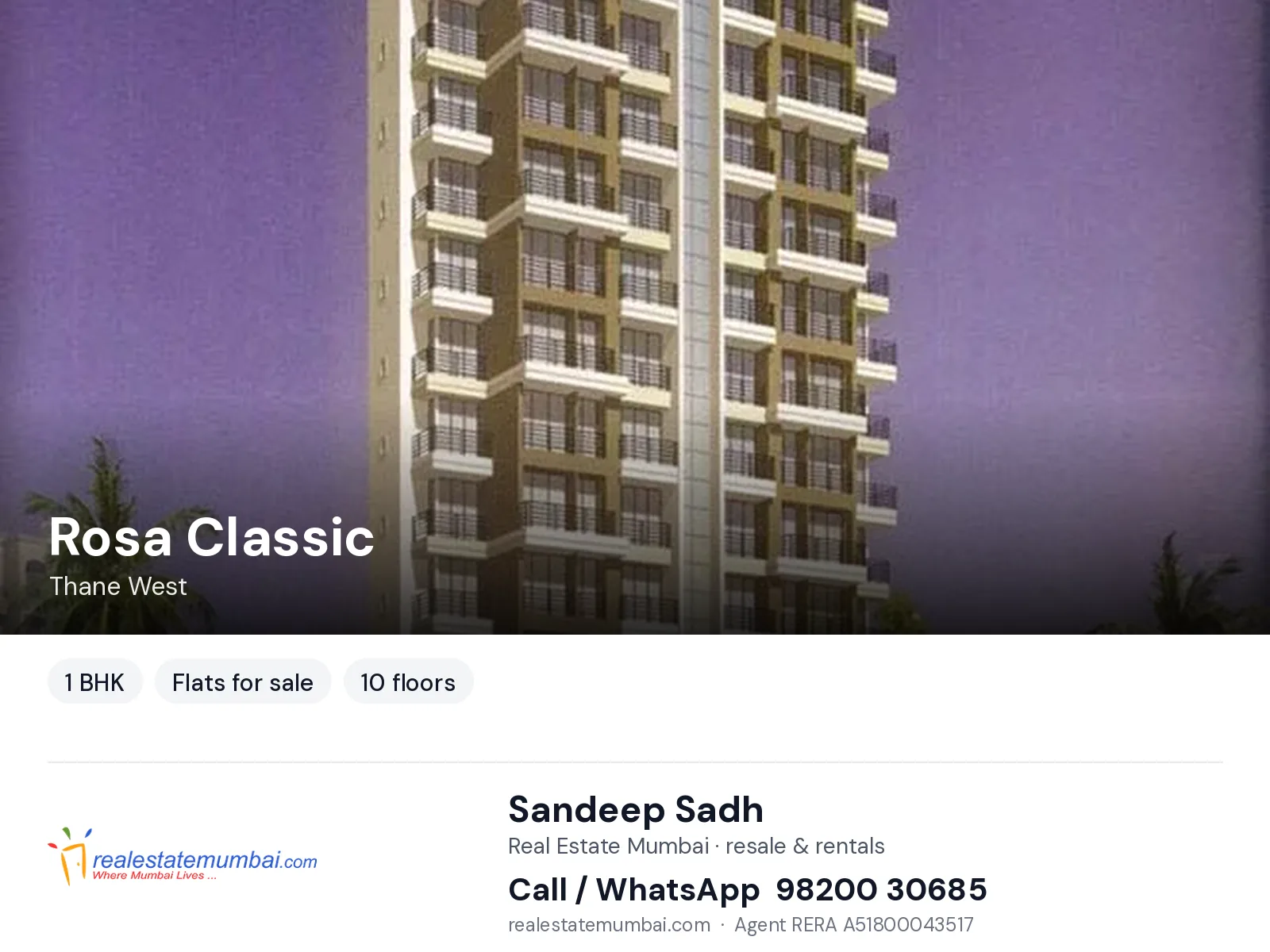 Rosa Classic, Thane West — 1 BHK flats for sale | Real Estate Mumbai, Sandeep Sadh 98200 30685