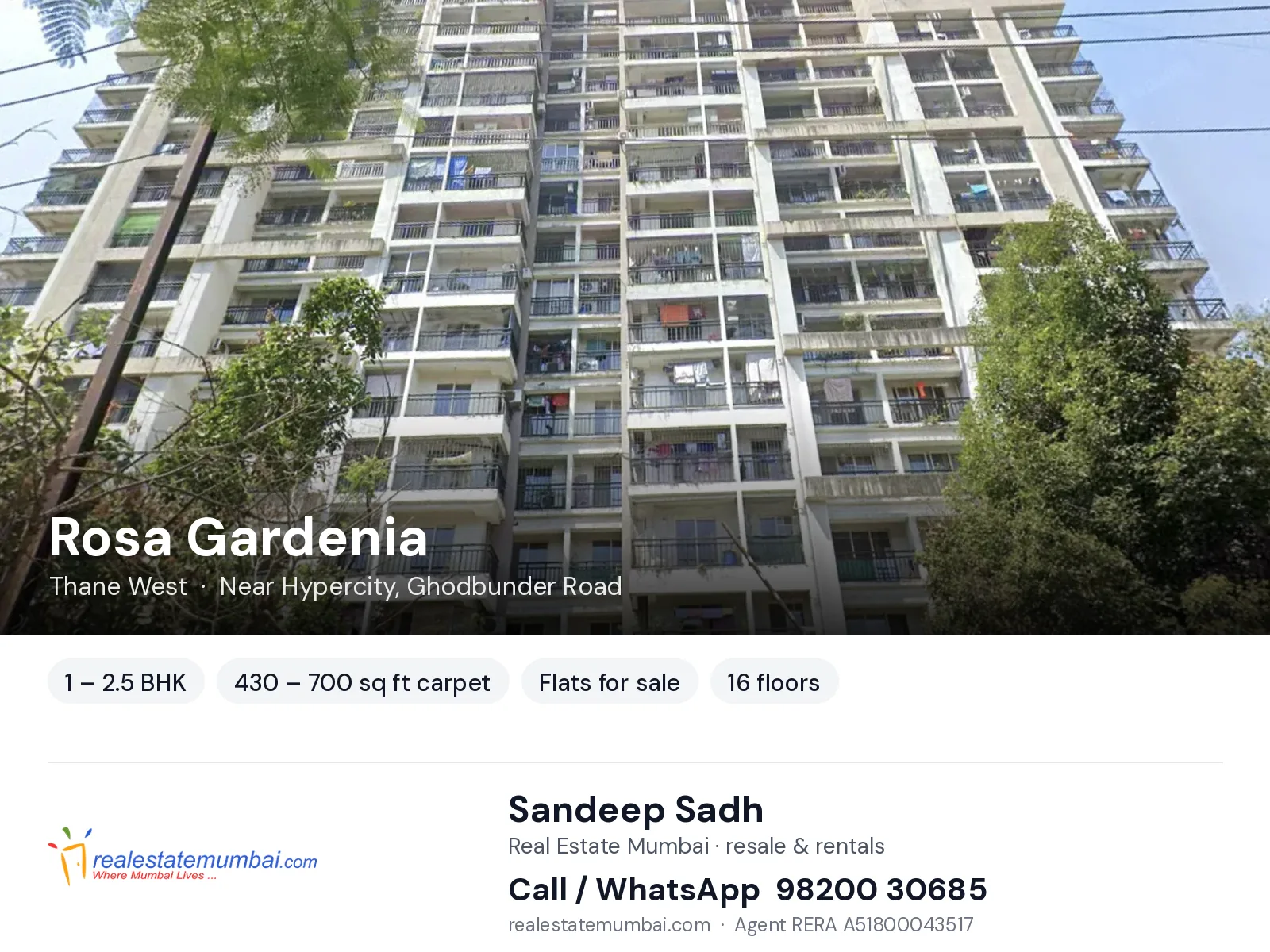 Rosa Gardenia, Thane West — 1 – 2.5 BHK flats for sale | Real Estate Mumbai, Sandeep Sadh 98200 30685