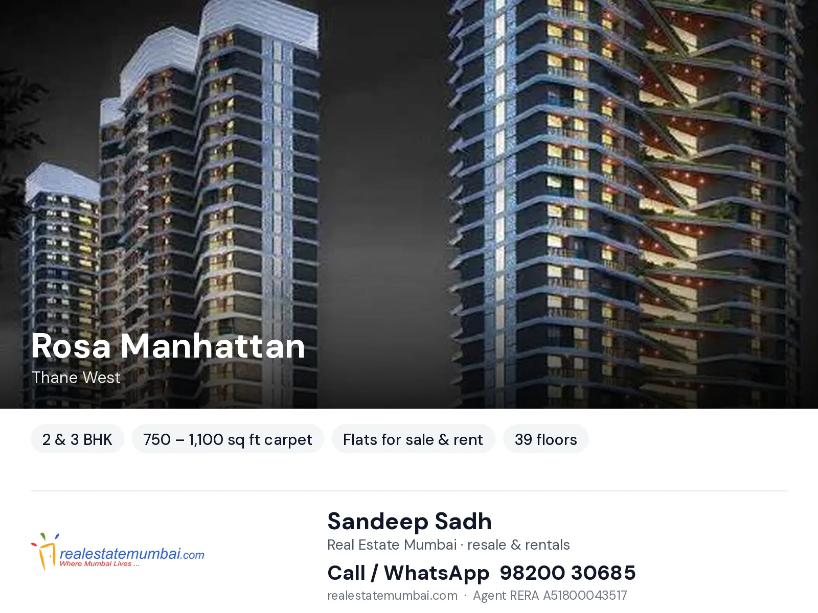 Rosa Manhattan, Thane West — 2 & 3 BHK flats for sale & rent | Real Estate Mumbai, Sandeep Sadh 98200 30685