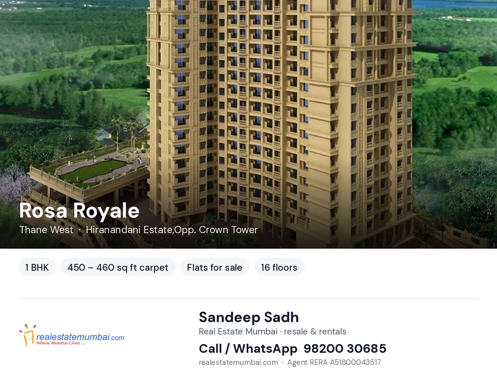 Rosa Royale, Thane West — 1 BHK flats for sale | Real Estate Mumbai, Sandeep Sadh 98200 30685