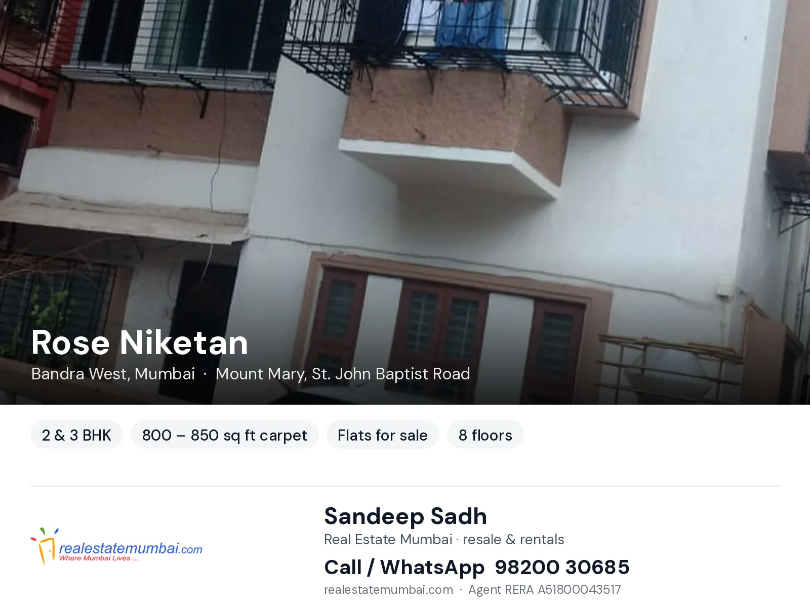 Rose Niketan, Bandra West, Mumbai — 2 & 3 BHK flats for sale | Real Estate Mumbai, Sandeep Sadh 98200 30685