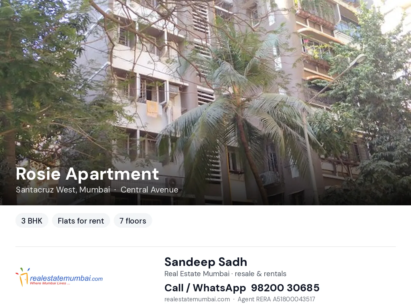 Rosie Apartment, Santacruz West, Mumbai — 3 BHK flats for rent | Real Estate Mumbai, Sandeep Sadh 98200 30685