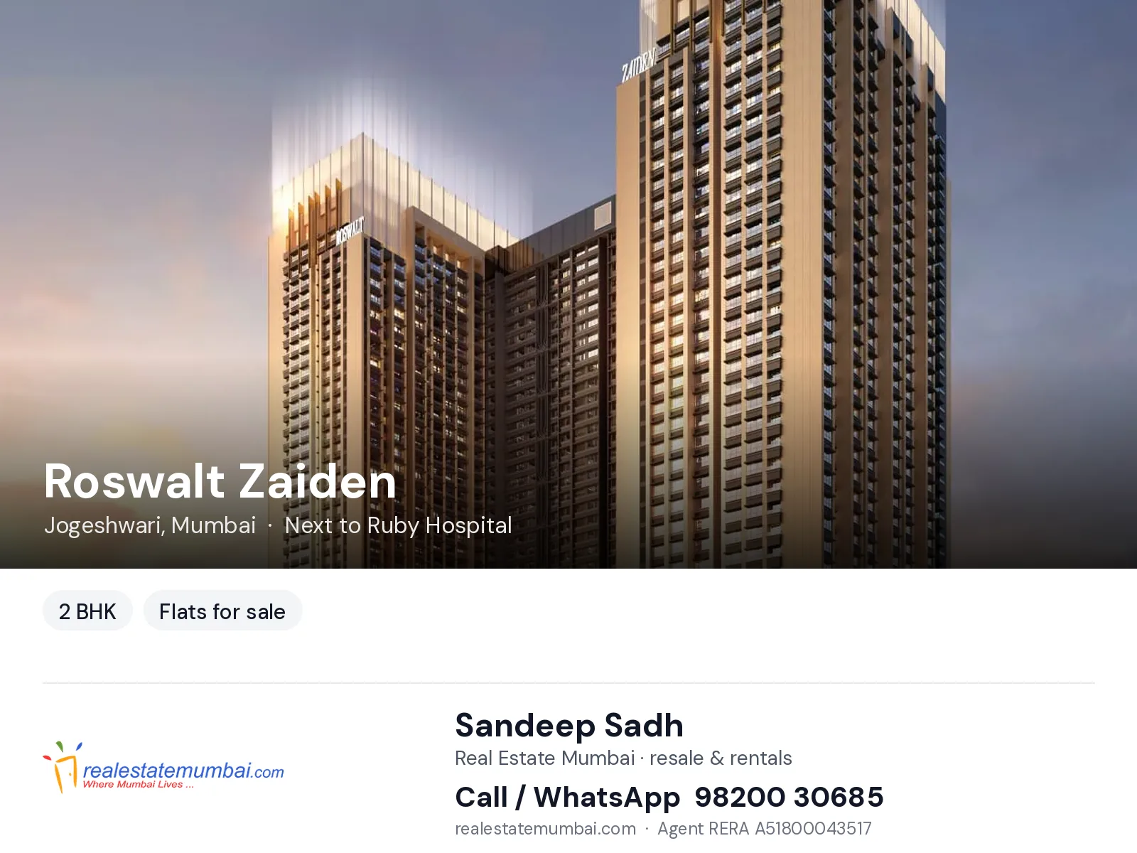 Roswalt Zaiden, Jogeshwari, Mumbai — 2 BHK flats for sale | Real Estate Mumbai, Sandeep Sadh 98200 30685