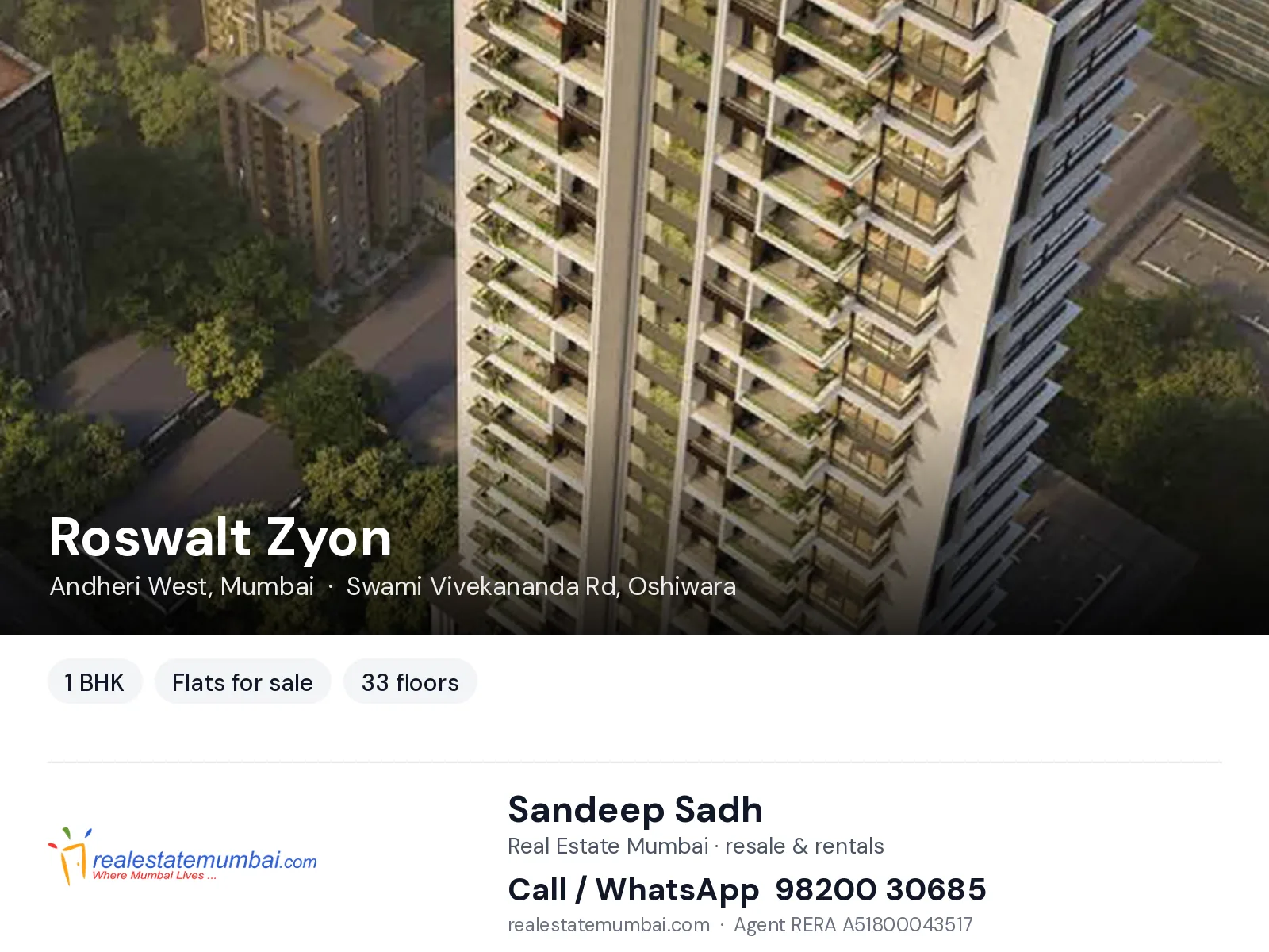Roswalt Zyon, Andheri West, Mumbai — 1 BHK flats for sale | Real Estate Mumbai, Sandeep Sadh 98200 30685