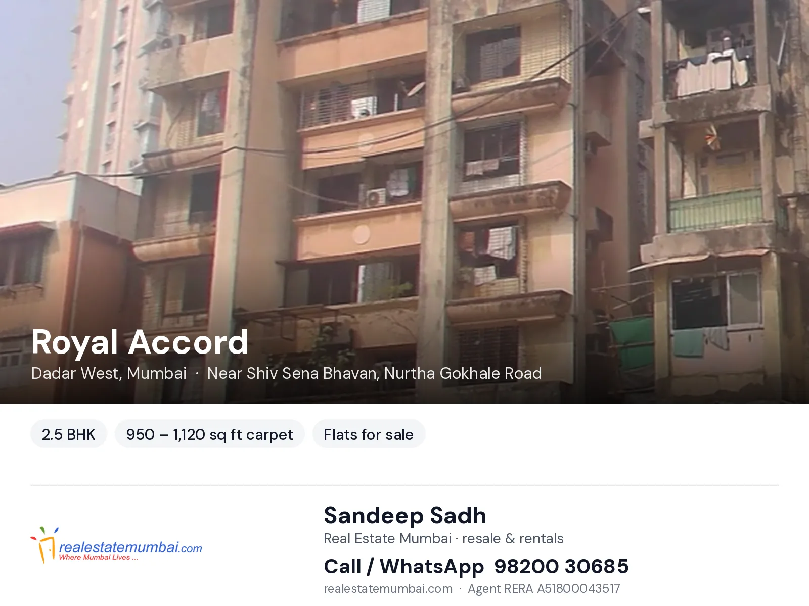Royal Accord, Dadar West, Mumbai — 2.5 BHK flats for sale | Real Estate Mumbai, Sandeep Sadh 98200 30685