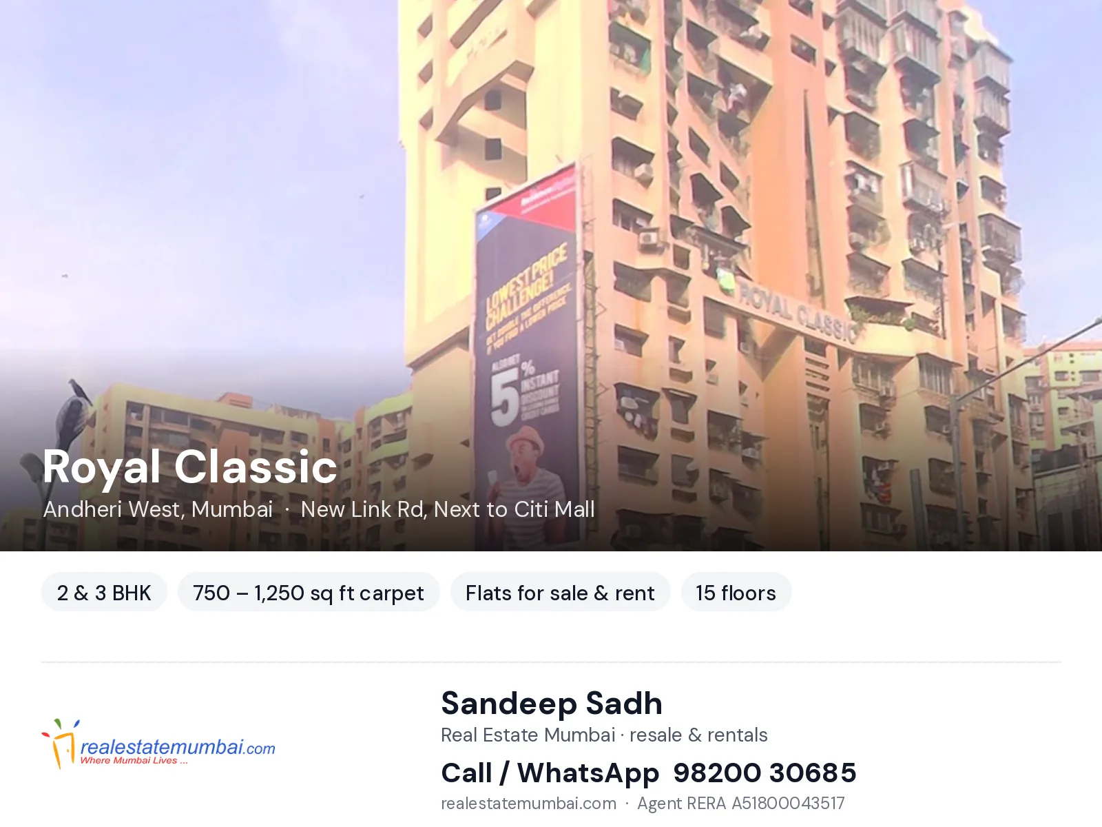 Royal Classic, Andheri West, Mumbai — 2 & 3 BHK flats for sale & rent | Real Estate Mumbai, Sandeep Sadh 98200 30685