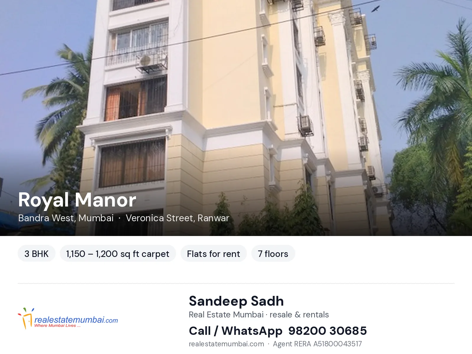 Royal Manor, Bandra West, Mumbai — 3 BHK flats for rent | Real Estate Mumbai, Sandeep Sadh 98200 30685