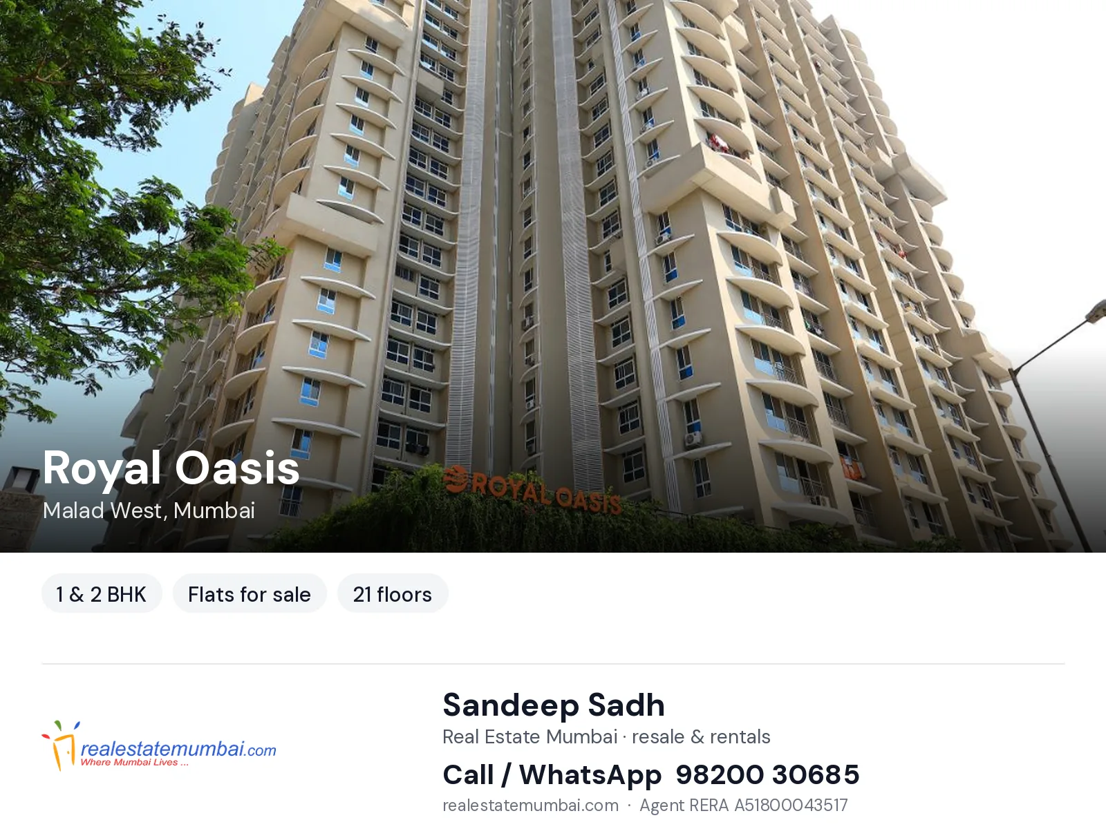 Royal Oasis, Malad West, Mumbai — 1 & 2 BHK flats for sale | Real Estate Mumbai, Sandeep Sadh 98200 30685